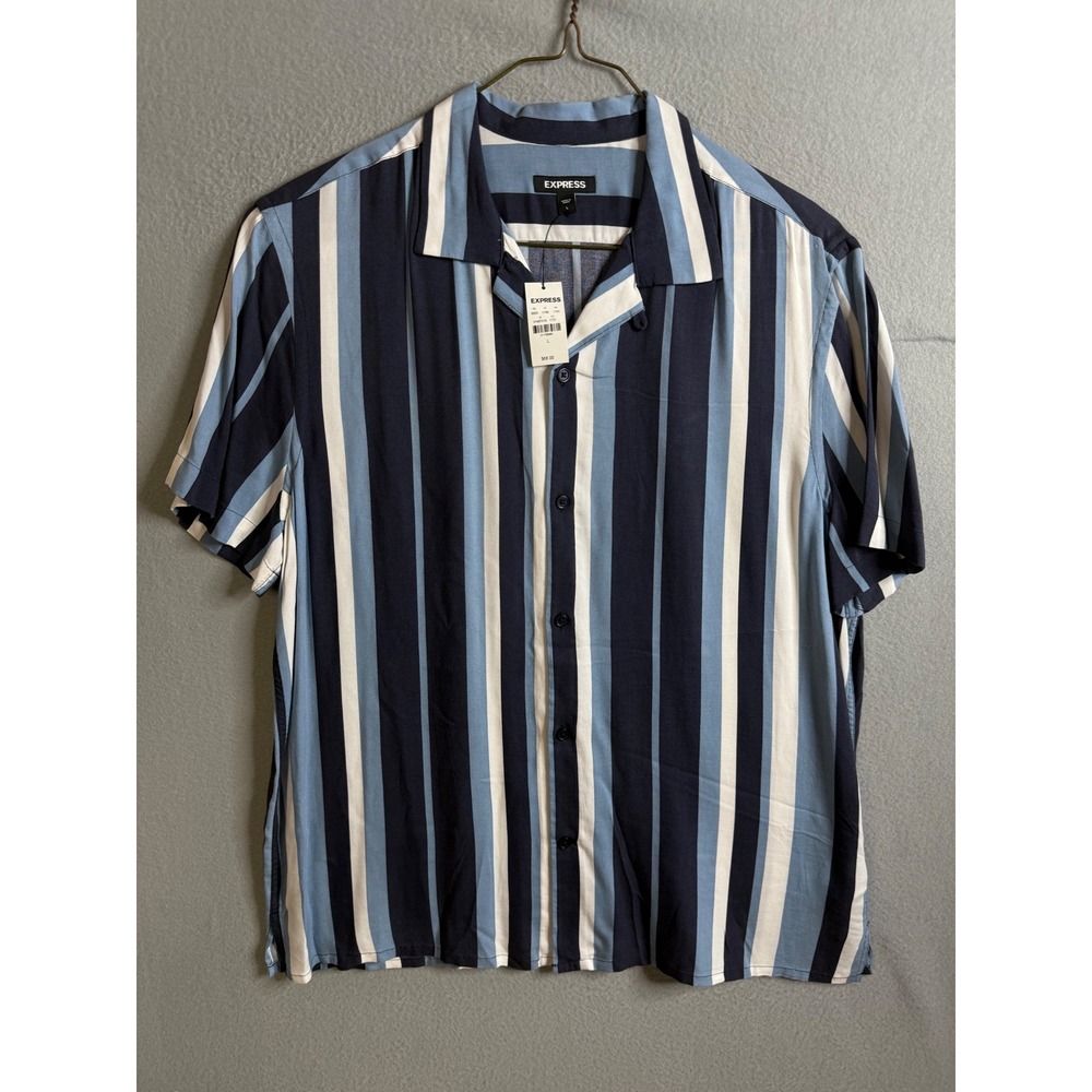 EXPRESS Button Down Men's Large Vertical‎ Stripe Short Sleeve Camp Shirt NWT